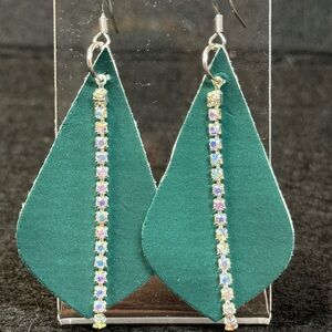 Elegant Hunter Green Faux Leather Earrings with Rhinestones